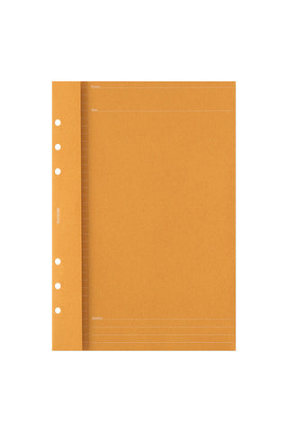 A5 orange planner cover with white spine and punched ring holes along the left edge