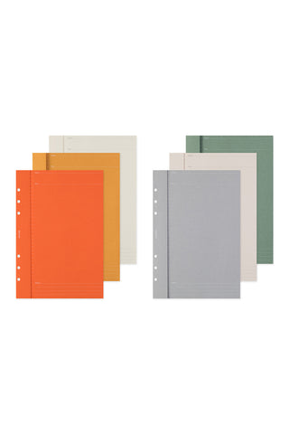 Set of A5 PLOTTER Project Manager planners in orange, gray, and green with ring holes