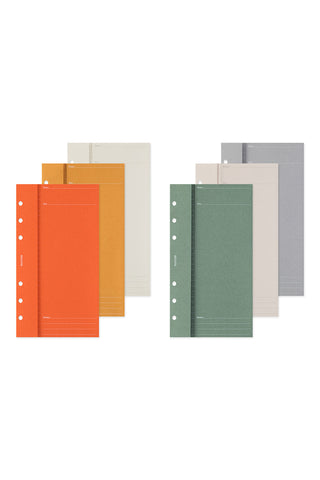 Assorted planner refill holders in orange, green, and gray