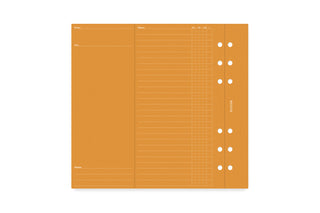 Orange planner refill cover with interior grid panels and punched hole strip