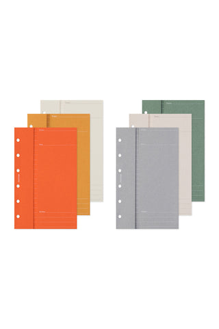 Mini planner refill holders in orange and gray, plus dark green and beige stack