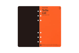 PLOTTER To Do List refill memo pad, black and orange cover with spiral rings at center