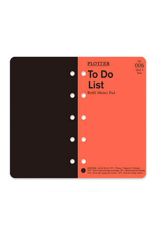 PLOTTER To Do List refill memo pad, black back cover with ring holes