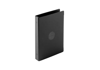 A5 refill storage binder with dark cover and circular logo, side view