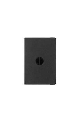 Dark gray refill storage binder with circular front emblem, narrow size