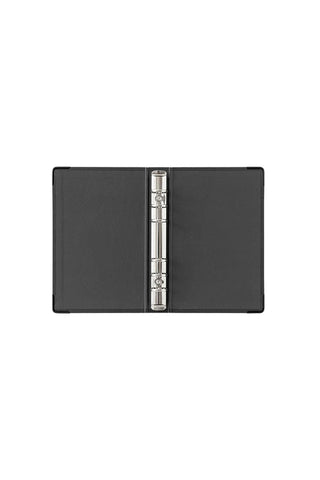 Narrow refill storage binder open with silver ring mechanism and inner pages