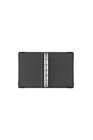 Dark mini-5 refill storage binder open, central ring spine and two covers
