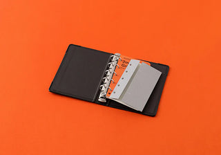 Dark mini-5 refill storage binder open, ring mechanism and card inserts