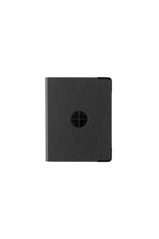 Mini refill storage binder, dark cover with circular logo on front