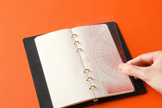Narrow ruler pad sheet in a black ring binder with metal rings
