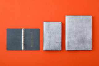 Blue-gray 6-ring leather binder mini size shown closed covers and open center