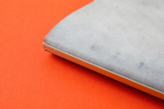 PLOTTER logo metal spine detail on blue-gray leather mini binder