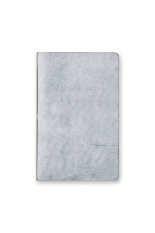 Light gray-blue leather six-ring Bible binder, textured cover, front view