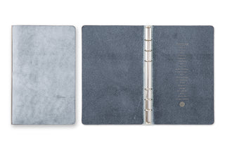Two-tone six-ring Bible binder, light left cover and dark right cover with rings