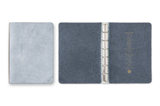 Mini 6-ring leather binder set with light gray and dark blue-gray covers, metal rings