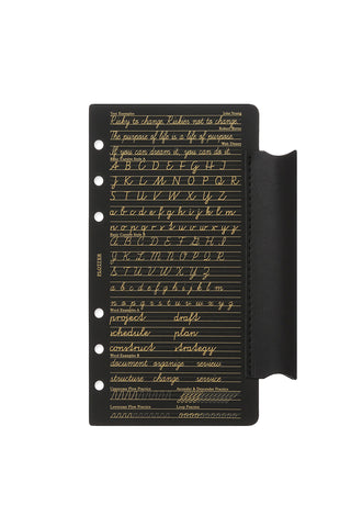 Black leather penholder with lifter, open view of interior with lined handwritten text