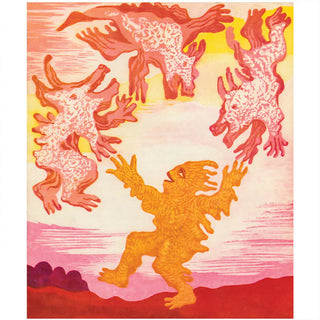 Storybook illustration with fiery red and orange monster figures forming a ring