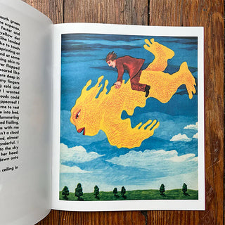 Open storybook showing a yellow creature in blue sky with clouds and trees