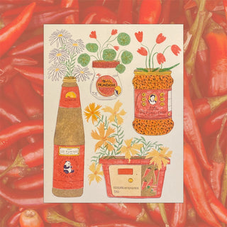 Pantry essentials illustrated print with spice bottles, jars, and herbs on cream background