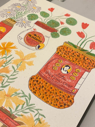 Pantry essentials print showing spice pouch and herbs with colorful label graphics