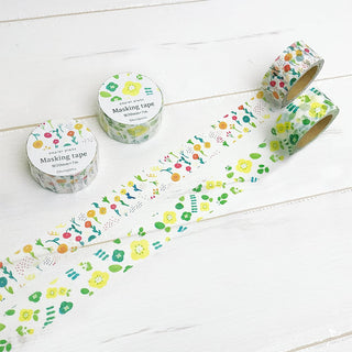 Washi tape with narrow strip of colorful tiny flowers and leaves, two rolls shown