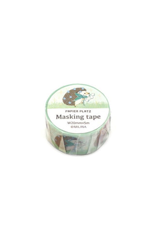 Washi tape roll with hedgehog and leaf illustration, mint green border and clear label
