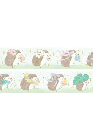 Washi tape strips with repeating hedgehog, flowers, and stars on light mint background