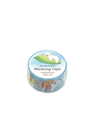Washi tape roll with polar bear and winter scarf illustrations, sky-blue base