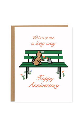 Anniversary card with kraft envelope and park bench illustration, Happy Anniversary text