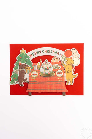 Pop-up Christmas greeting card with red border, Merry Christmas, dogs around holiday table