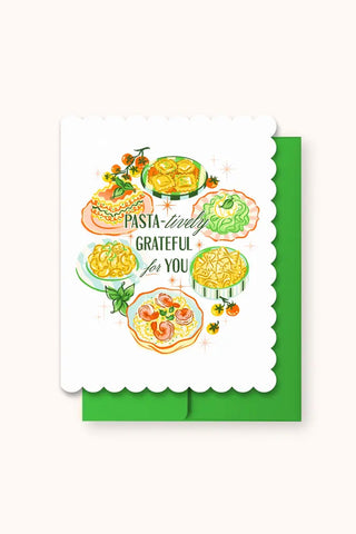 Scallop-edged die-cut greeting card with pasta illustration and 'Grateful for you' text