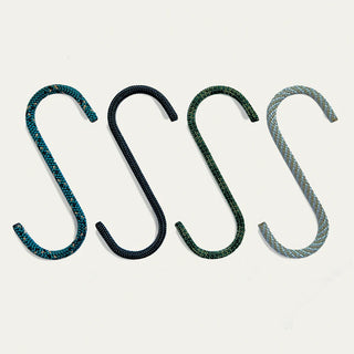 Four utility S-hooks in mixed colors: teal, navy, green, and light gray