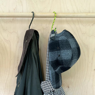 Dark denim plush animal organizer with braided cord S-hooks and carabiners