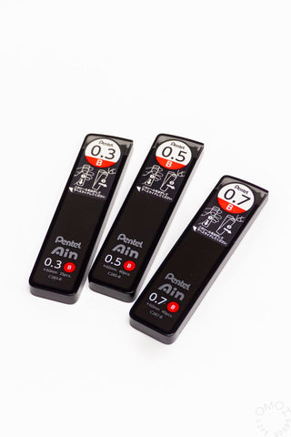 B pencil lead refill pack with 0.3, 0.5, and 0.7 mm refills