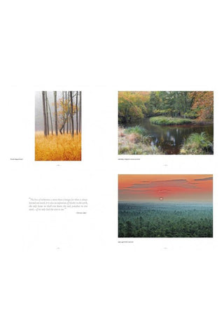 Open book spread with four landscape photos and small captions on white pages