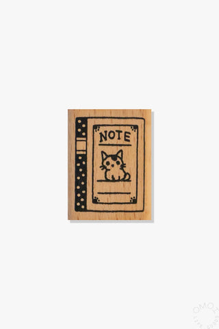 Small wooden stamp notebook cover with "NOTE" cat illustration