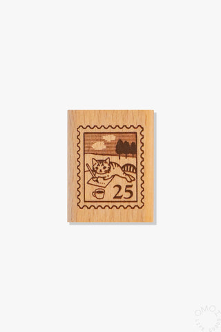 Small wooden cat postage stamp block with 25 and stamp border