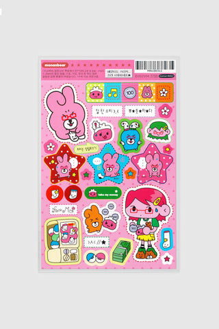 Pink cute character sticker sheet with icons, MONANBEAR Proud Of Myself