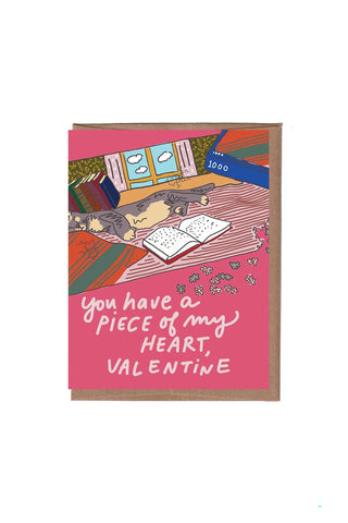 Pink Valentine puzzle card with jigsaw-heart illustration and text: piece of my heart