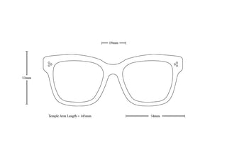 Sunglasses size diagram with temple arm length and width