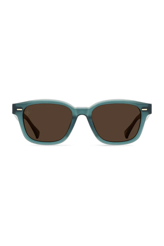 Teal square sunglasses with dark brown polarized lenses and gold logo accents