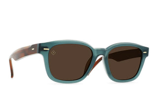Teal sunglasses with dark brown lenses and visible tortoise temple details