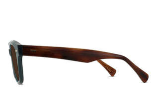 Side view of teal sunglasses with dark brown tortoise-style temples