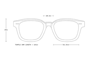 Sunglasses technical line drawing with temple length measurements