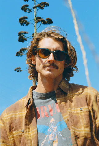 Teal sunglasses on a person outdoors, featuring dark brown lenses