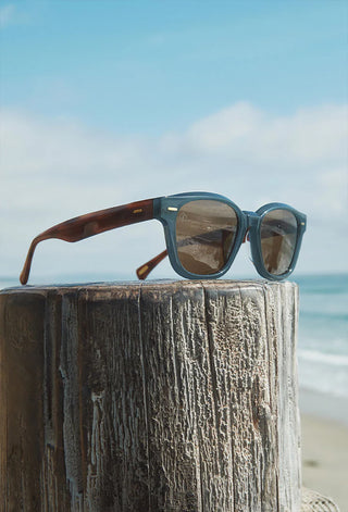 Teal sunglasses resting on a post with dark brown lenses and tortoise temples