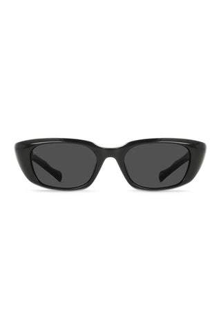 Black polarized sunglasses with cat-eye frames and dark gray lenses, front view