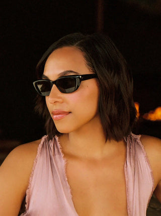 Black polarized sunglasses on face, angled profile view with dark lenses