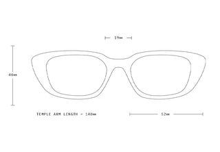 Iwa sunglasses sizing diagram with frame outline and temple arm length labels
