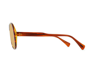 Amber tortoise sunglasses profile view with tan mirrored lenses